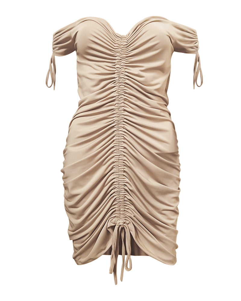 Ruched Drawstring Off Shoulder Bodycon Dress