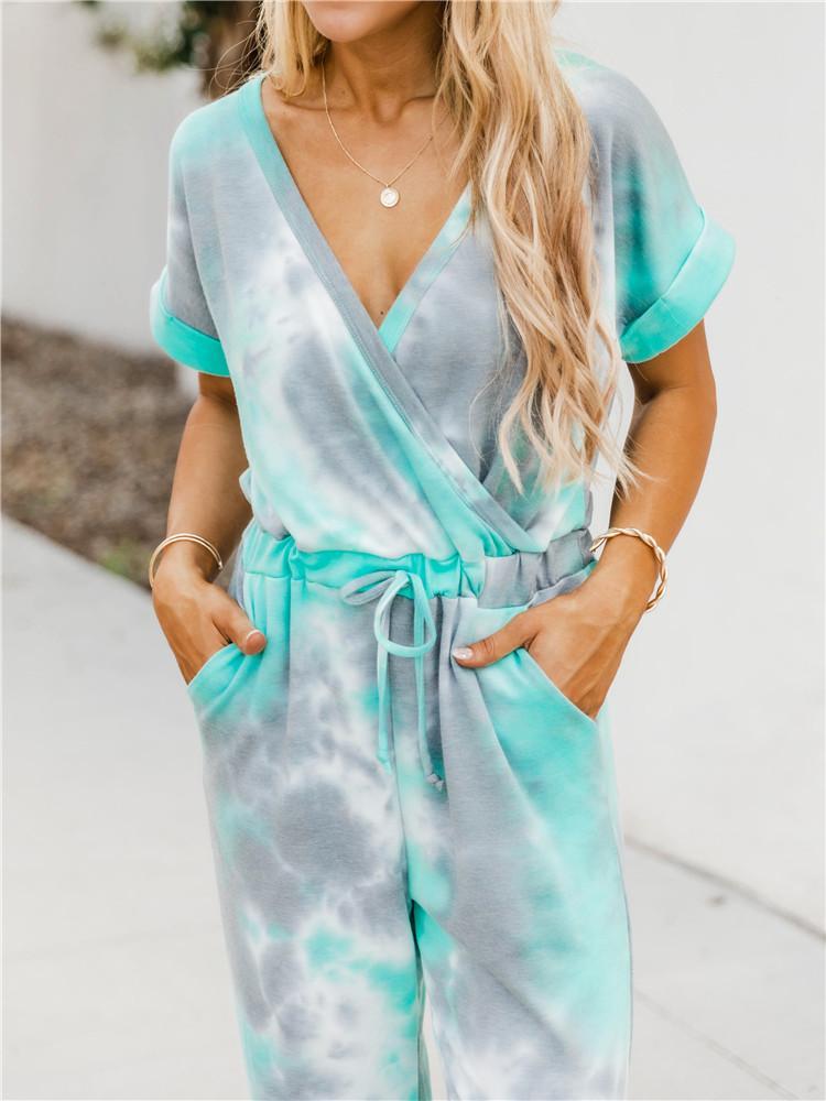 Tie-dye Printed V-neck Short-sleeved Casual Jumpsuit