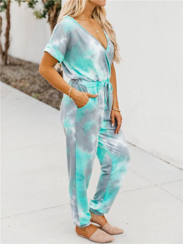 Tie-dye Printed V-neck Short-sleeved Casual Jumpsuit