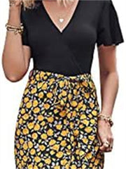 Women's V-neck High Waist Splicing Hem Irregular Open Short-sleeved Back Zipper Paragraph Printed Casual Wind Mid-length Dress Dress