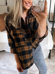 Plaid Lapel Double Pocket Button Blouse