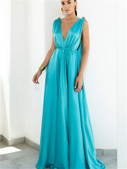 New Temperament Elegant Solid Color Sleeveless Sexy Elastic Waist Swing V-neck Long Dress Evening Dress Party Dress Female