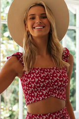 Boho Two Piece Set, Crop Top and Skirt, Wild Floral Daisy Red