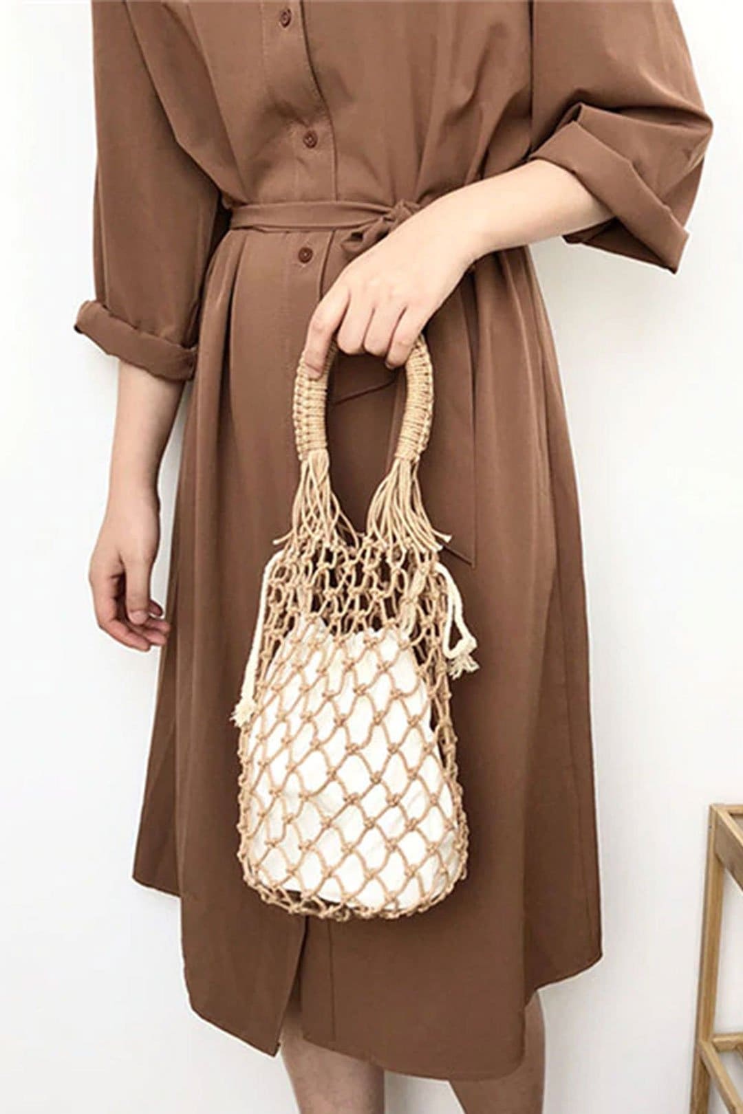 Boho Bag, Woven Mesh Rope Tote Bag Kezia in Brown and White