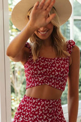Boho Two Piece Set, Crop Top and Skirt, Wild Floral Daisy Red