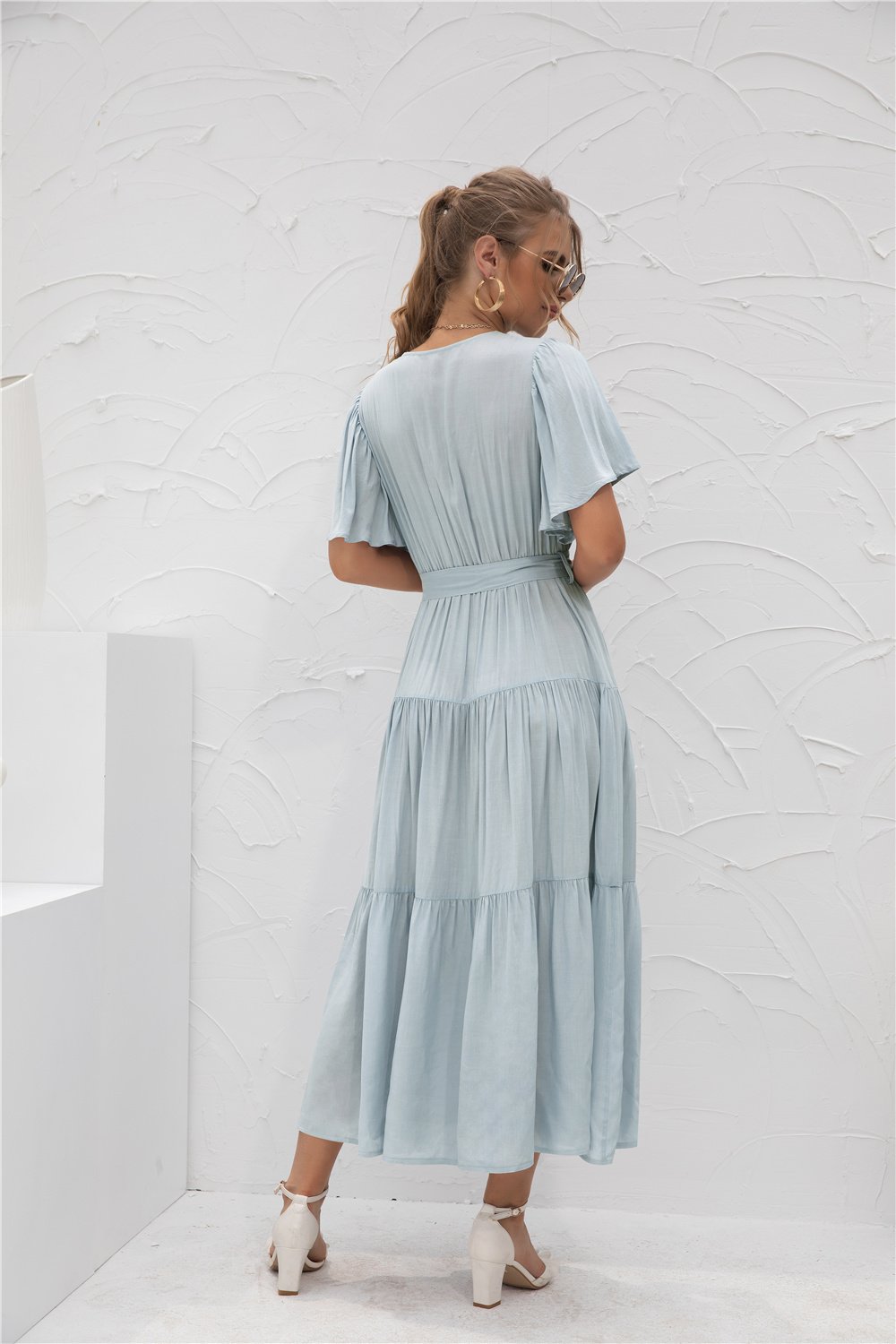 Short Sleeve V Neck Flowy Waist Wrap Maxi Dress