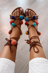 Pom Pom Lace Up Flat Sandals