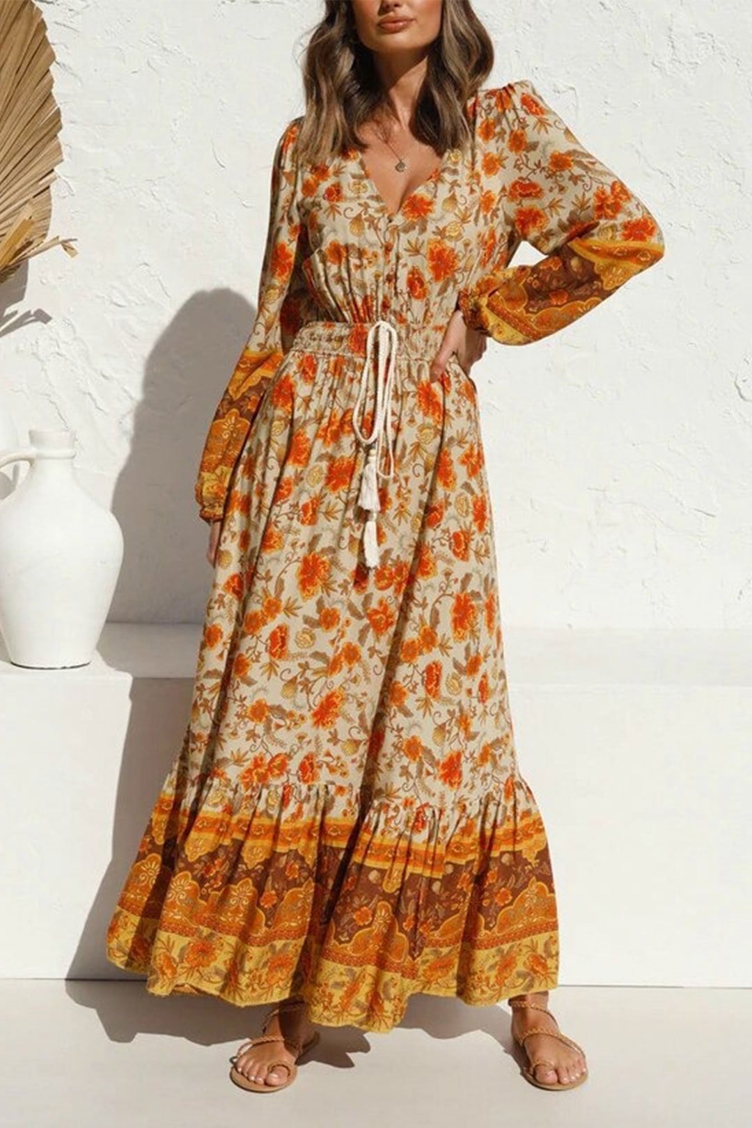 Boho Maxi Dress, Gown, Floral  and Sand in Orange