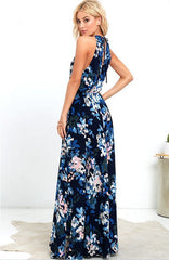 Fashion Sleeveless O-Neck Printed Split Maxi Dress