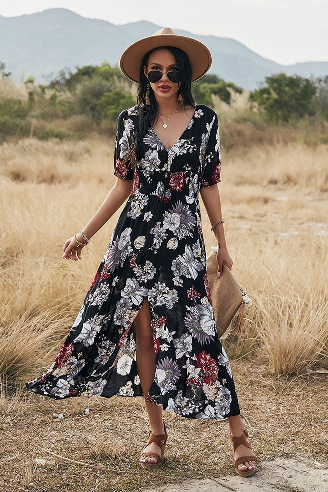 Boho Midi Dress, Sundress, Canna in Black