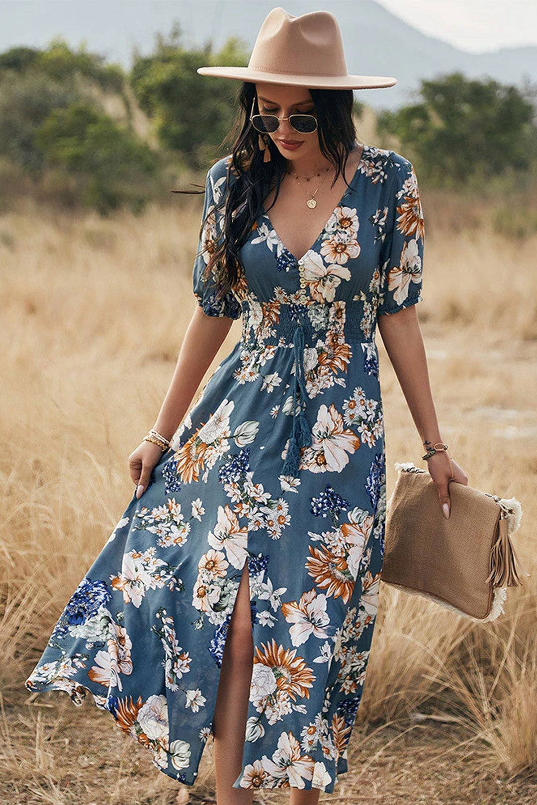 Boho Midi Dress, Sundress, Canna in Blue