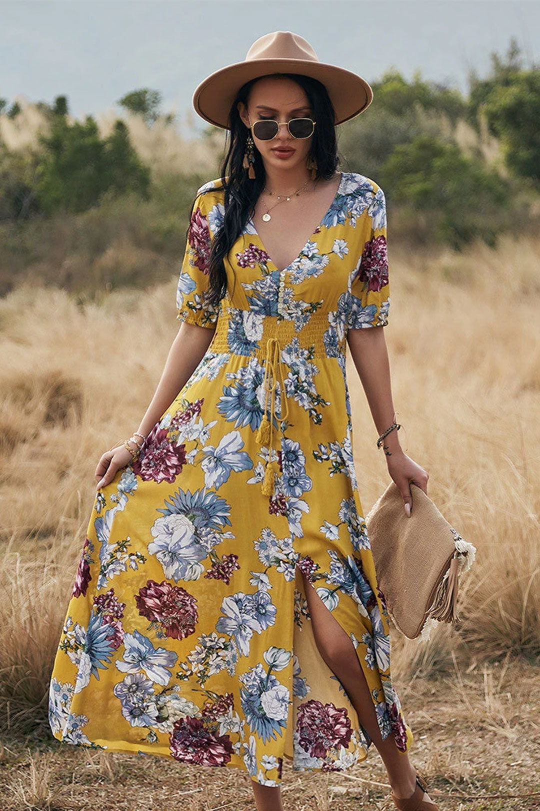 Boho Midi Dress, Sundress, Canna in Yellow
