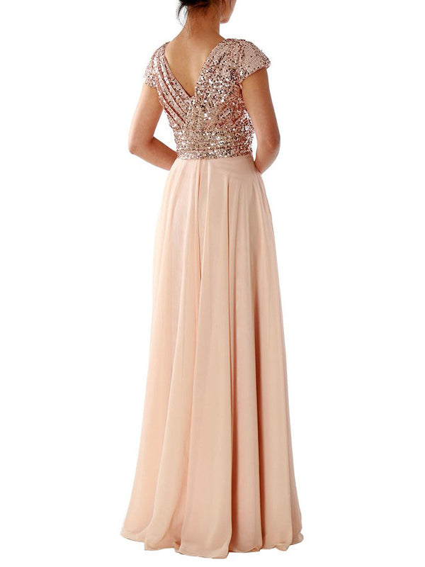 Women's Dresses V Neck Sequin Chiffon Panel Maxi Dress