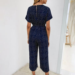Polka Dot Elastic Waist V Neck Jumpsuit