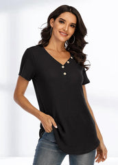 Button V Neck Short Sleeve Solid Color T-shirt