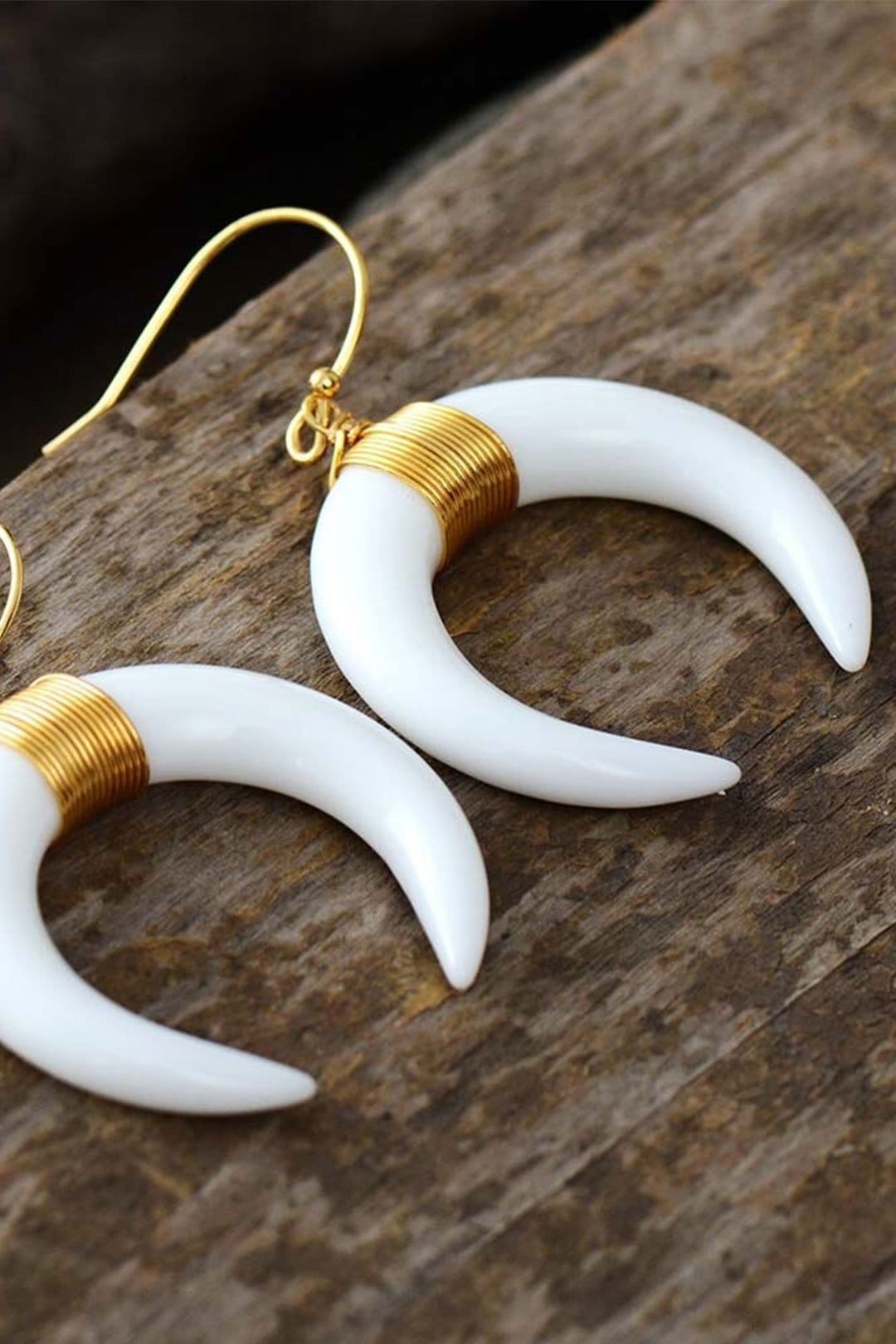 Boho Earrings, Dangle Earrings, Ox Horn, Shell White and Black Onyx Crescent