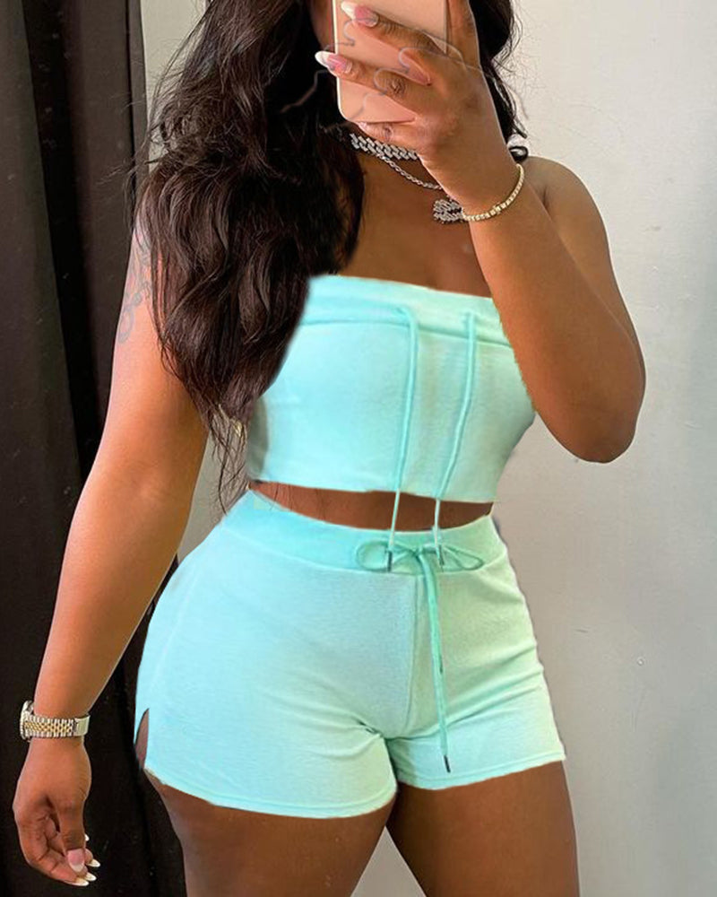 Solid Drawstring Split Hem Strapless Crop Top & Shorts Set