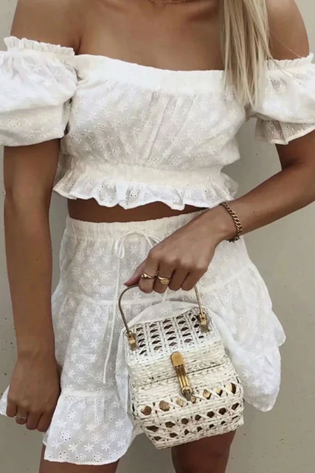 Boho Two Piece Set, Crop Top and Skirt, Wild Floral White Lace