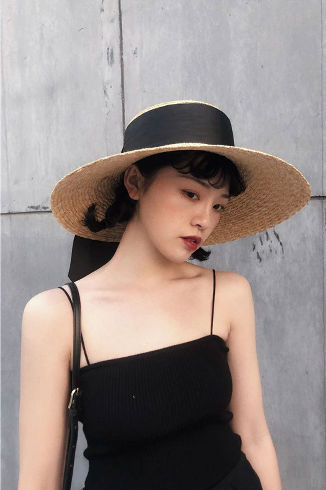 Boho Hat, Sun Hat, Beach Hat, Wide Brim Straw Hat, Vintage Big Black Ribbon