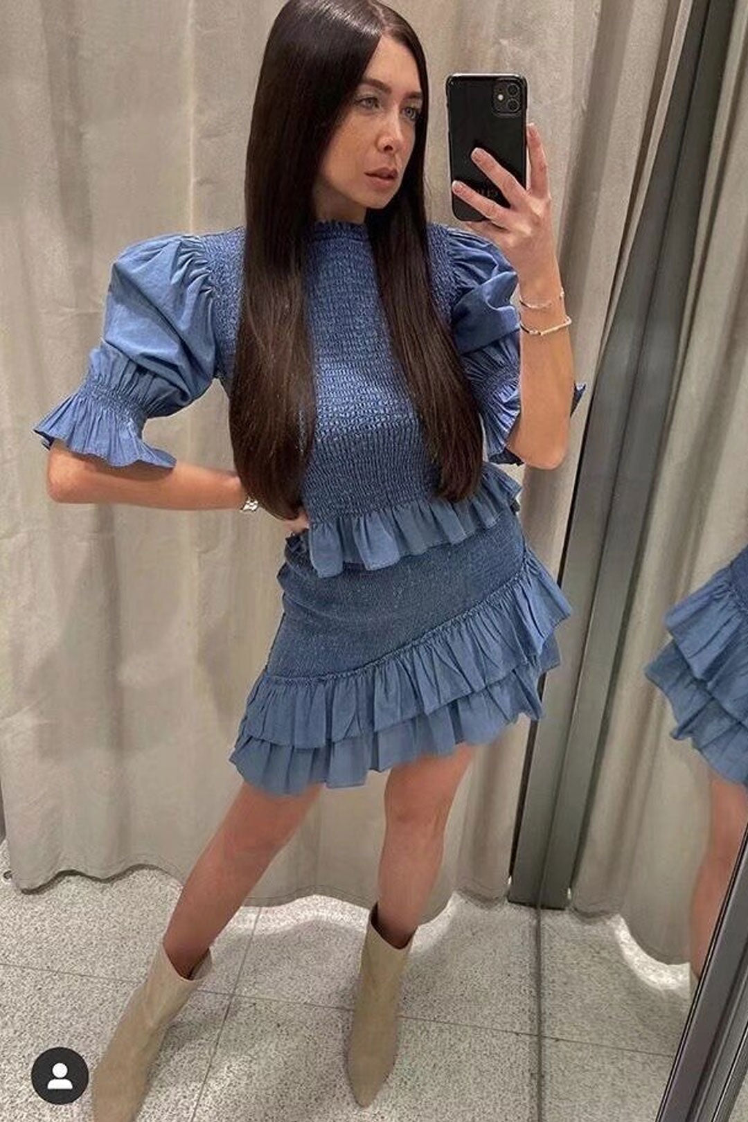 Boho Two Piece Set, Smocked Top and Mini Skirt, Blue Aegean Lorelei