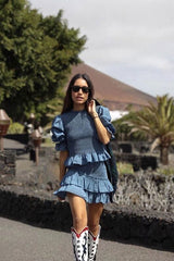 Boho Two Piece Set, Smocked Top and Mini Skirt, Blue Aegean Lorelei