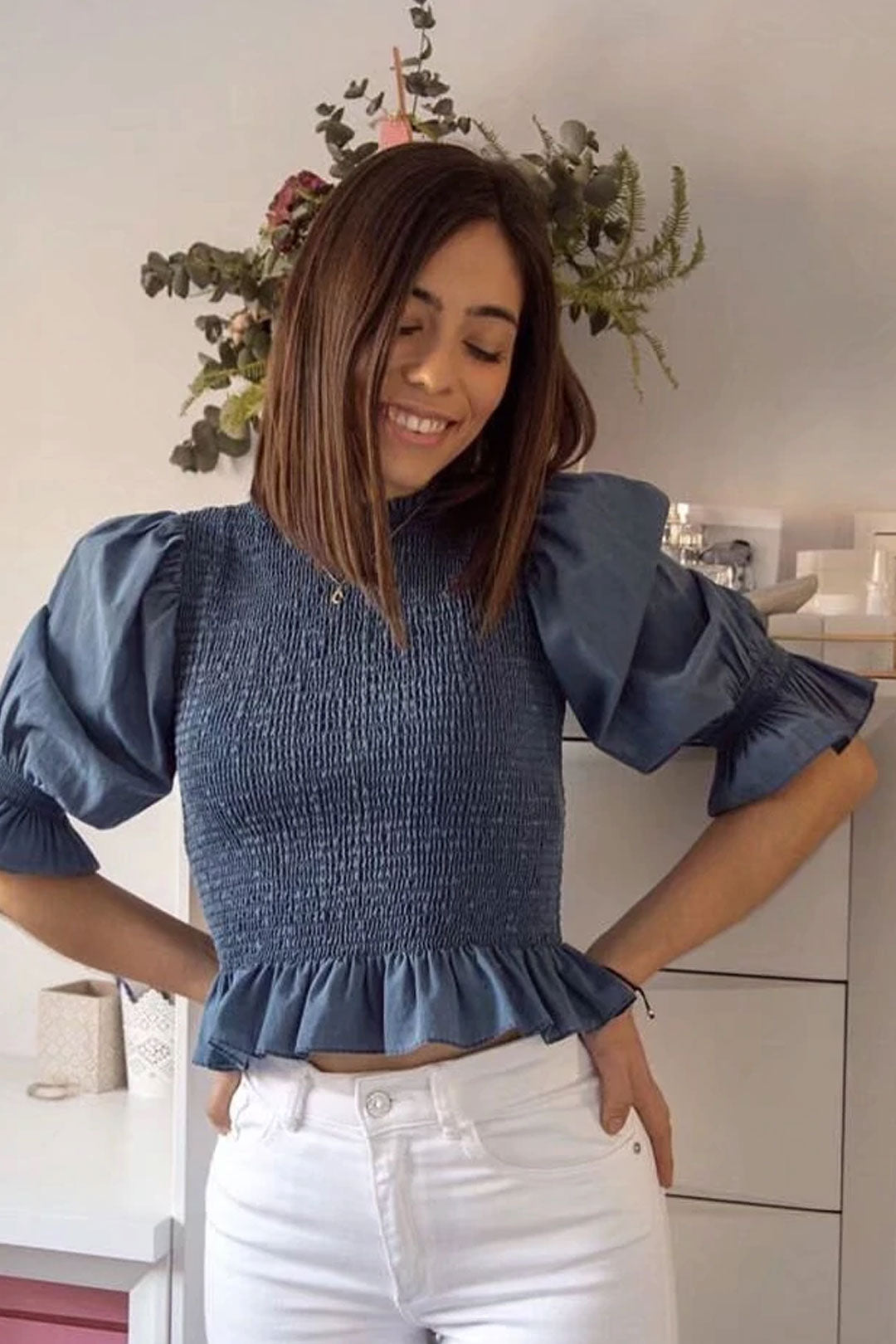 Boho Two Piece Set, Smocked Top and Mini Skirt, Blue Aegean Lorelei