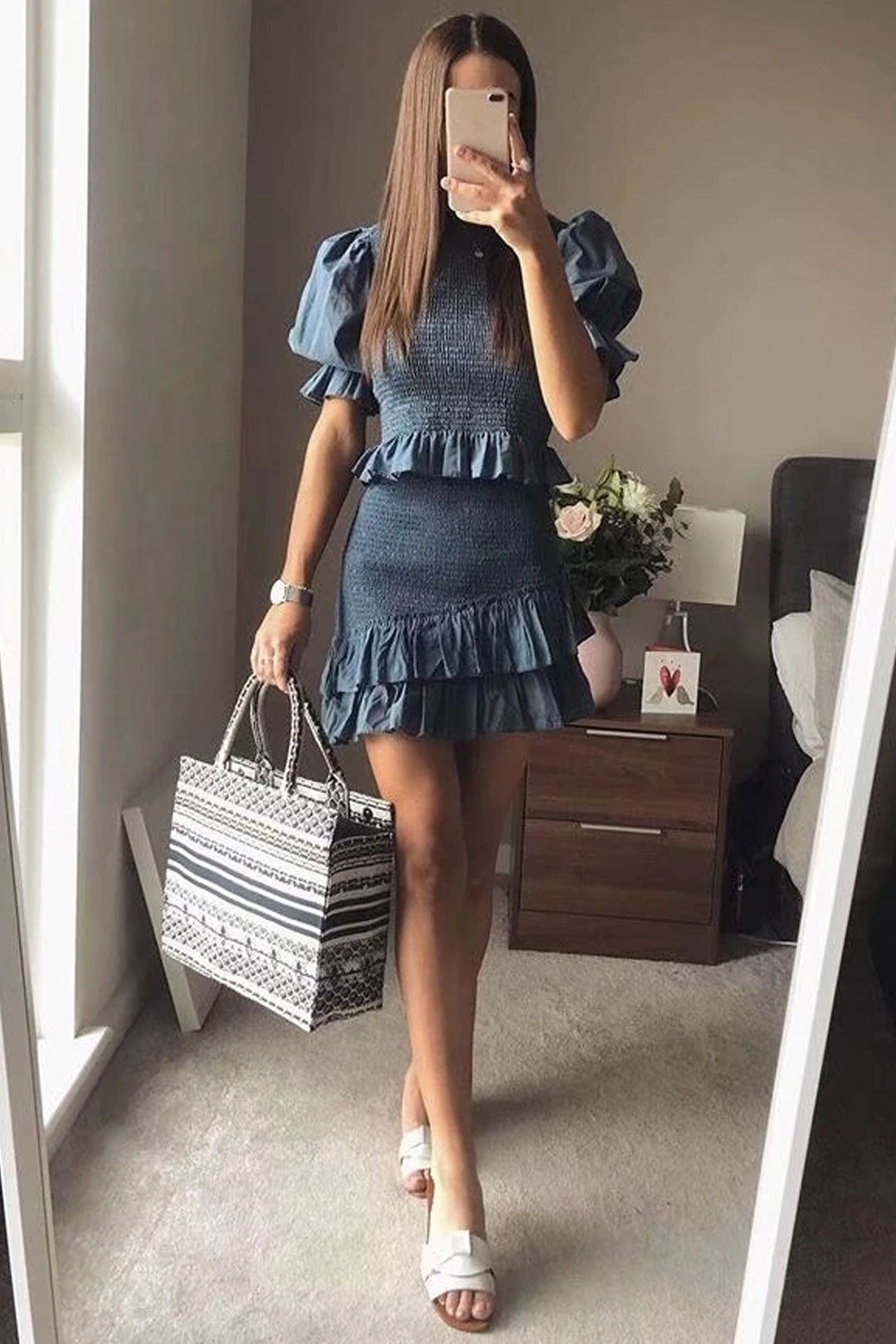 Boho Two Piece Set, Smocked Top and Mini Skirt, Blue Aegean Lorelei