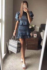 Boho Two Piece Set, Smocked Top and Mini Skirt, Blue Aegean Lorelei