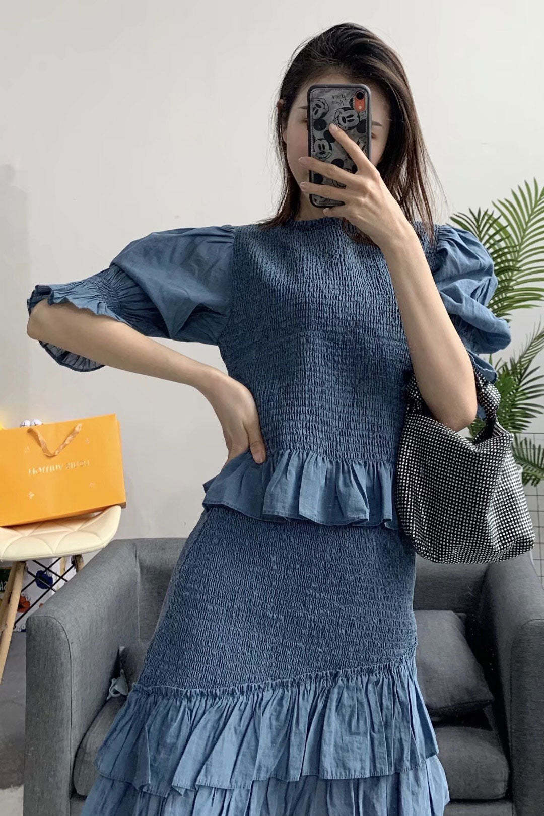 Boho Two Piece Set, Smocked Top and Mini Skirt, Blue Aegean Lorelei