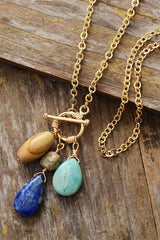 Boho Necklace, Triple Blue Jasper, Amazonite and Lapis Pendant