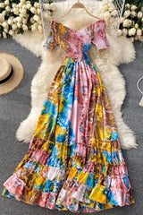 Vintage Dress, Boho Maxi Dress, Smocked Dress, Bibi in Blue and Pink