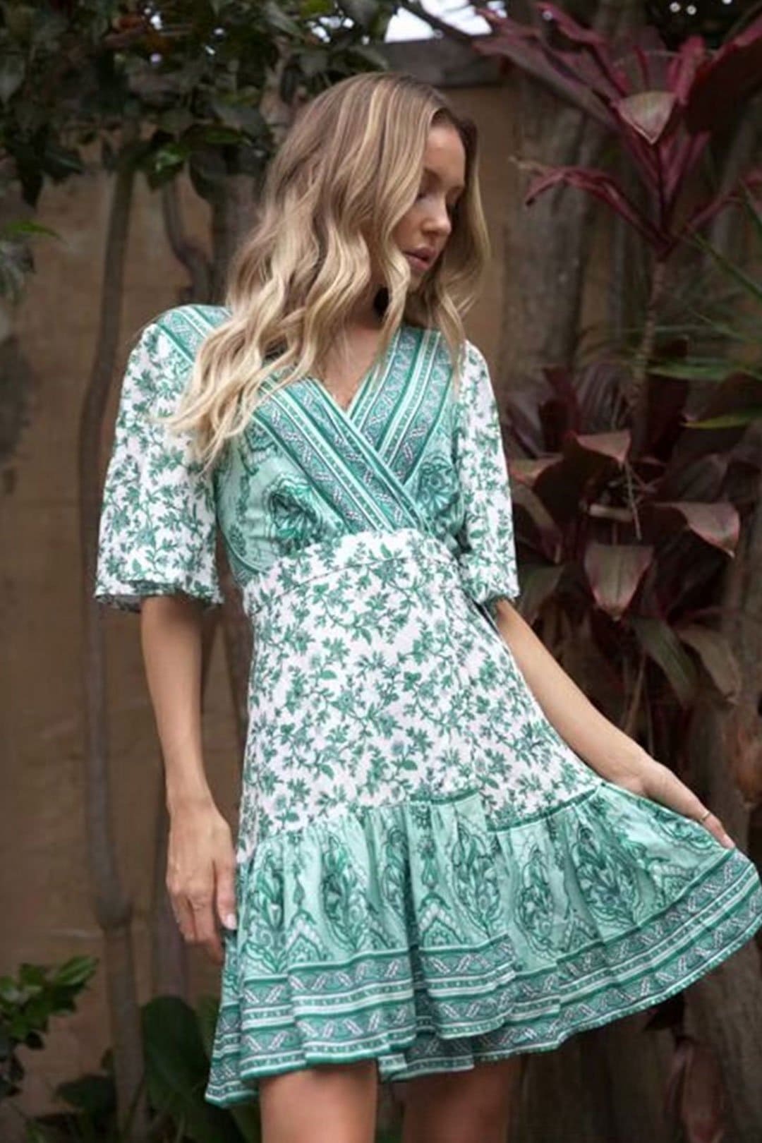 Boho Mini Dress Sundress, Wrap dress, Wild Floral Fresh Green Mint