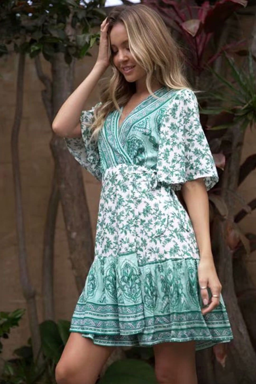 Boho Mini Dress Sundress, Wrap dress, Wild Floral Fresh Green Mint
