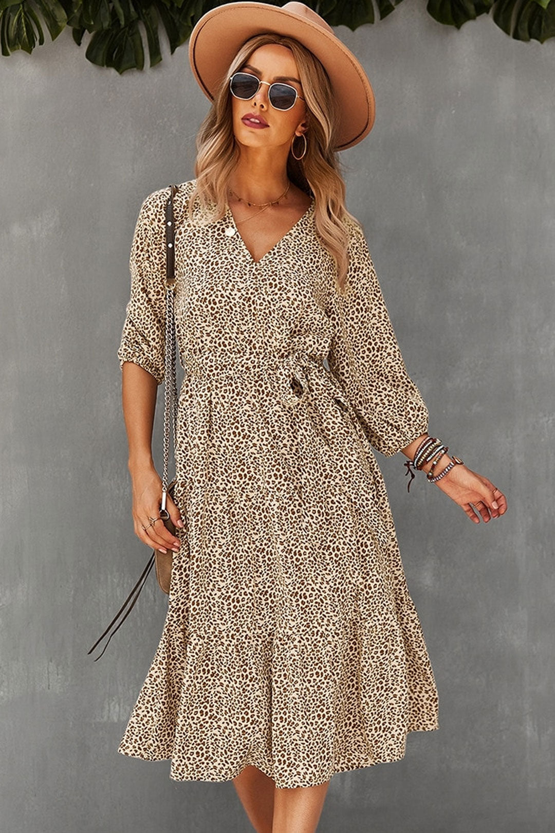 Boho Midi Dress, Autumn Dress, Olive Tiger in Beige