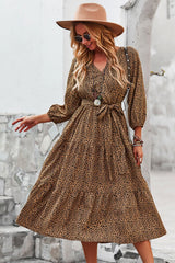 Boho Midi Dress, Autumn Dress, Olive Tiger in Brown