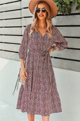 Boho Midi Dress, Autumn Dress, Olive Tiger in Burgundy