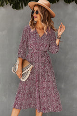Boho Midi Dress, Autumn Dress, Olive Tiger in Burgundy