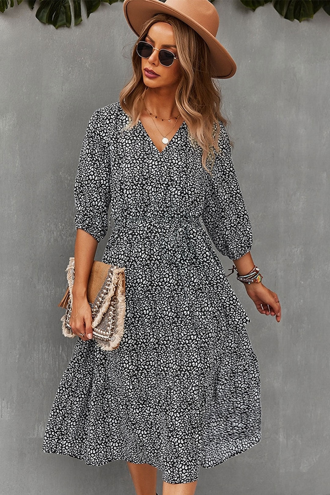 Boho Midi Dress, Autumn Dress, Olive Tiger in Black
