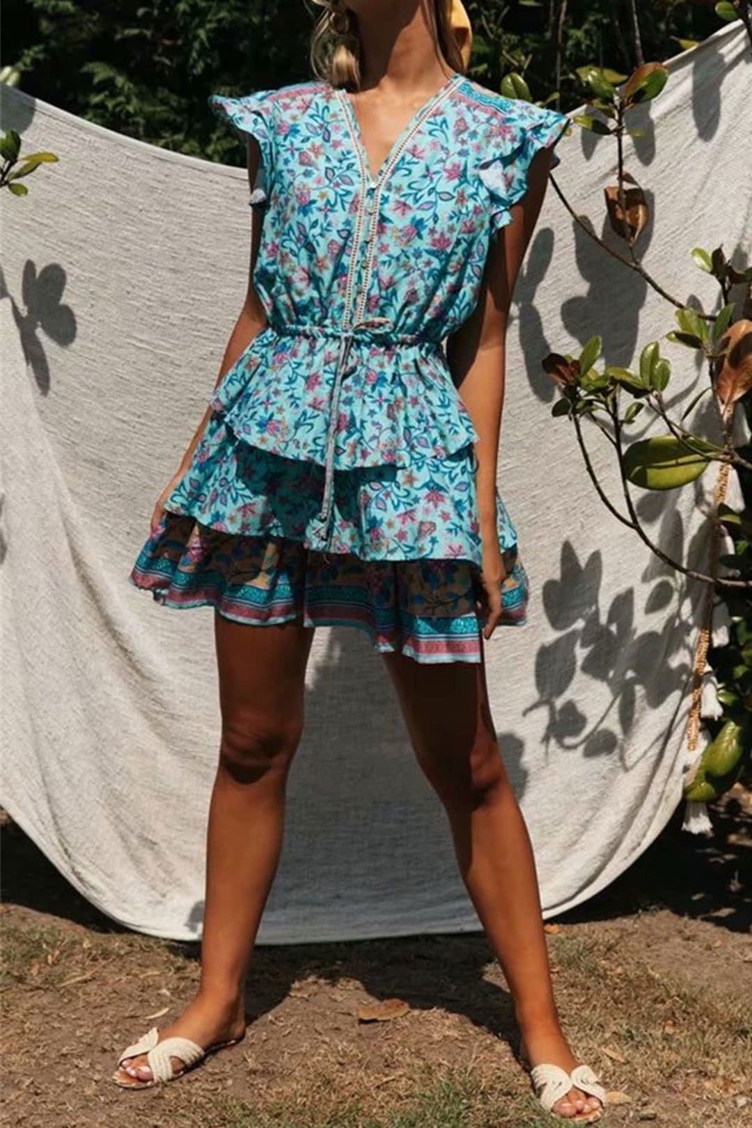 Boho Mini Dress Sundress, Raffle, Wild Floral Fresco in Blue