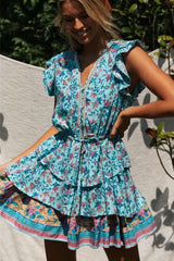 Boho Mini Dress Sundress, Raffle, Wild Floral Fresco in Blue