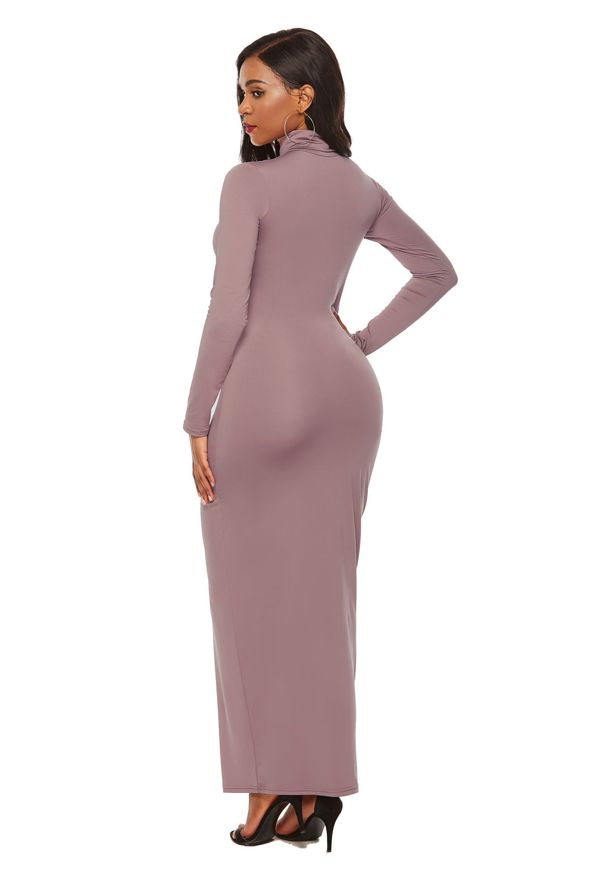 Turtleneck Long Sleeve Solid Color Bodycon Maxi Dress