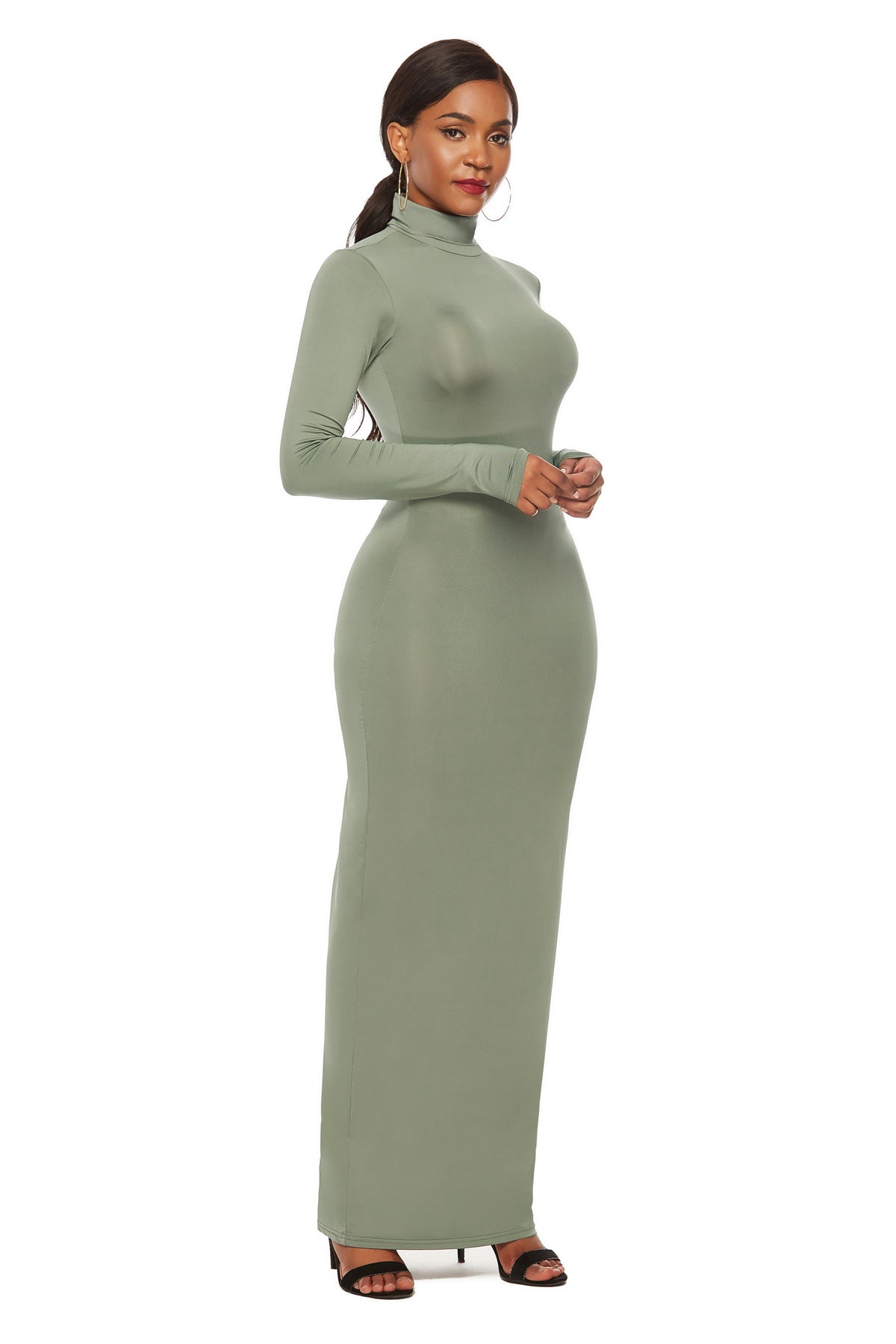 Turtleneck Long Sleeve Solid Color Bodycon Maxi Dress