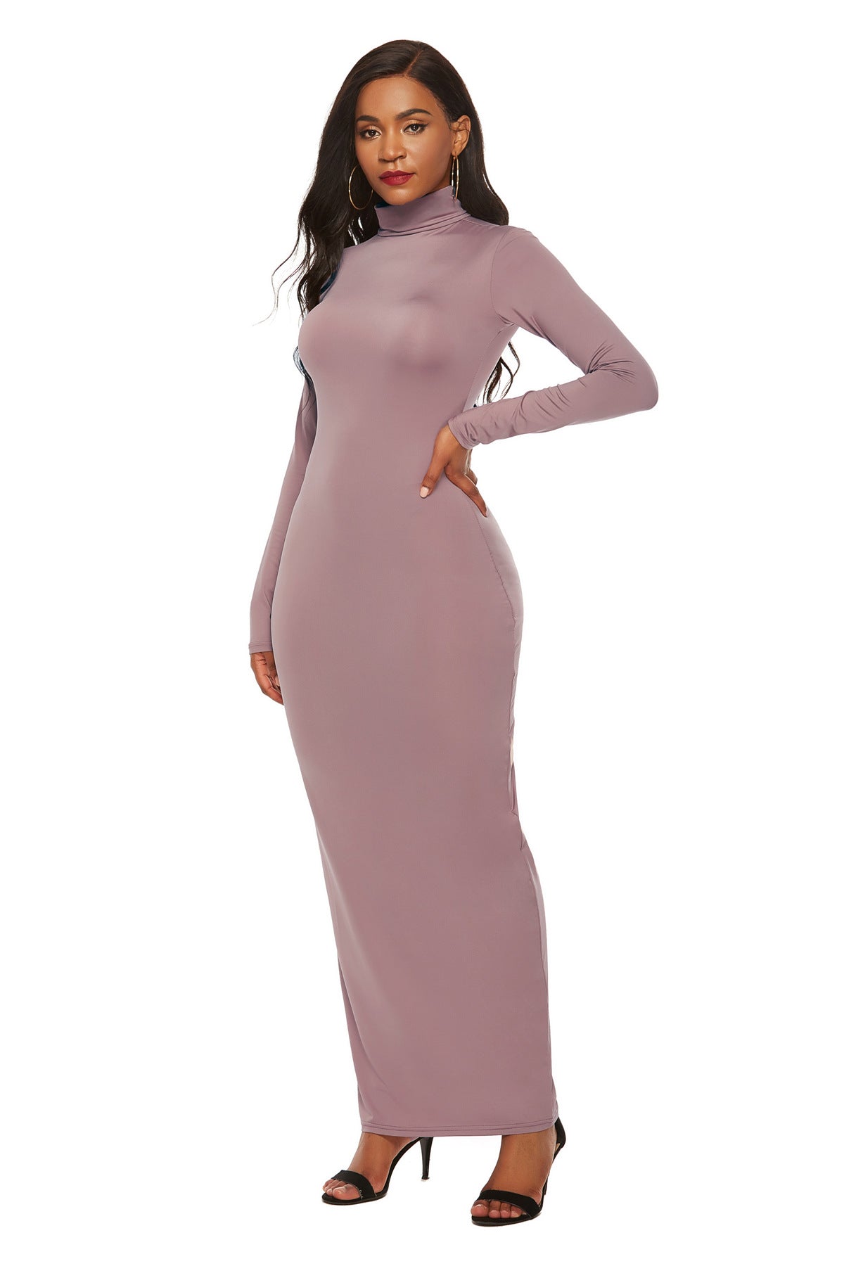 Turtleneck Long Sleeve Solid Color Bodycon Maxi Dress