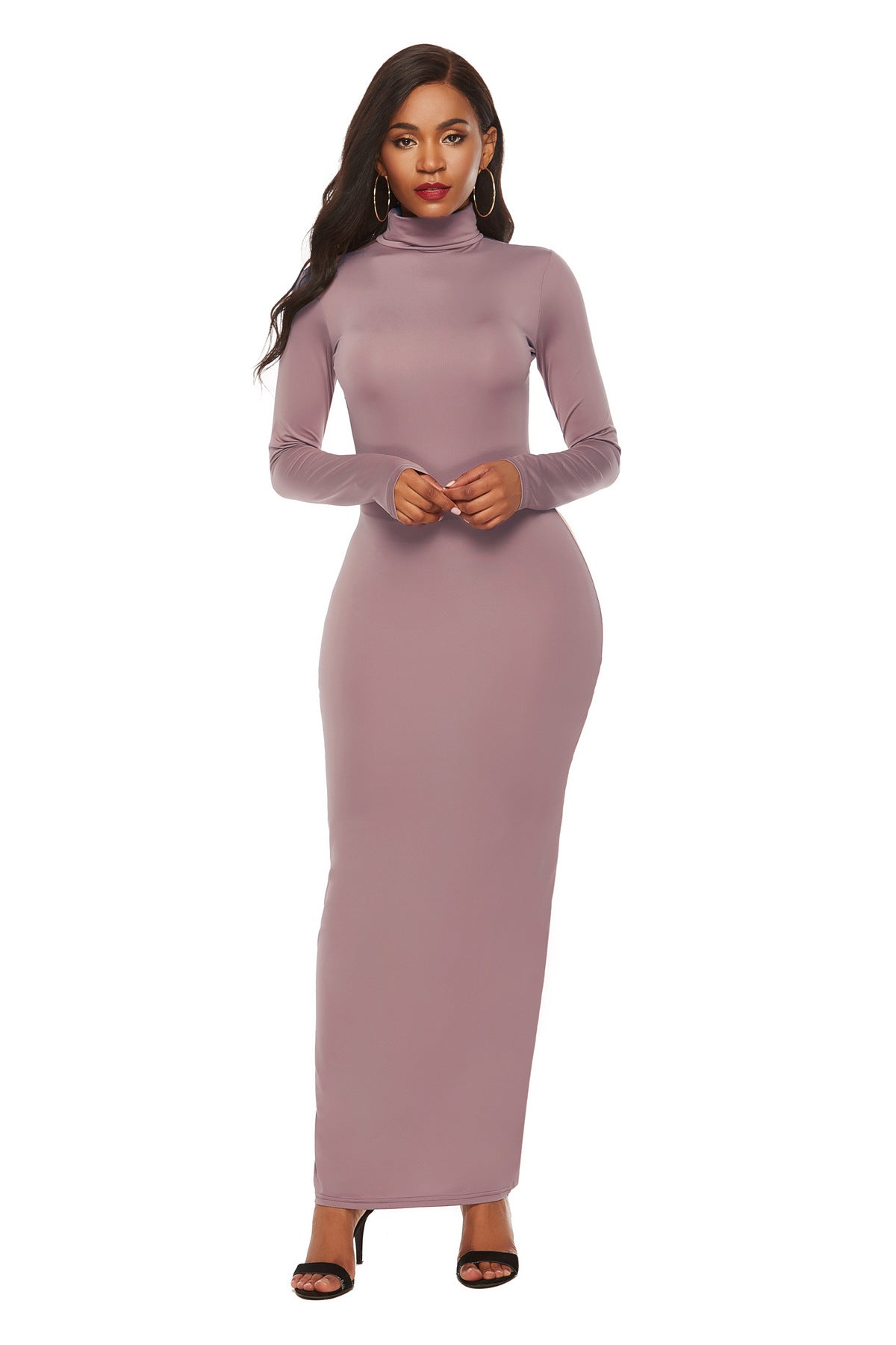 Turtleneck Long Sleeve Solid Color Bodycon Maxi Dress