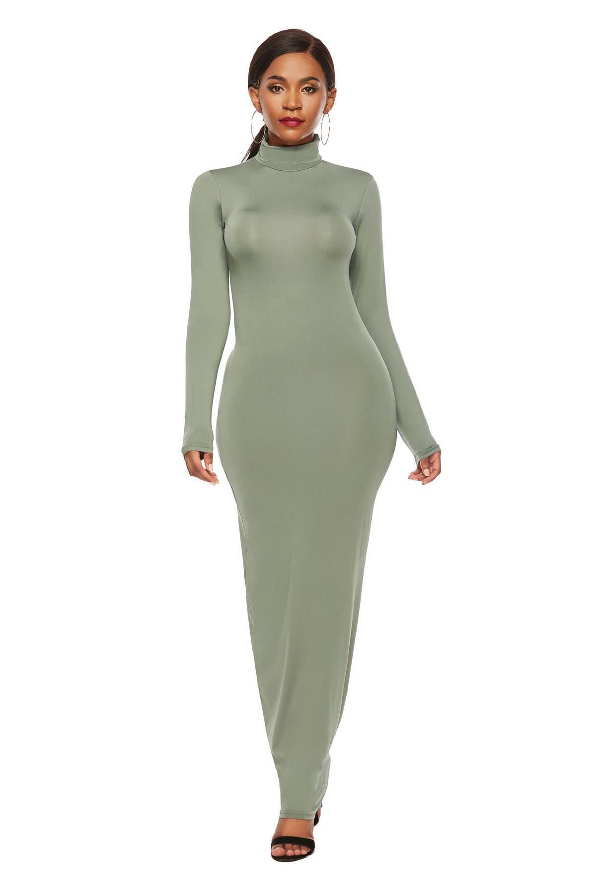 Turtleneck Long Sleeve Solid Color Bodycon Maxi Dress