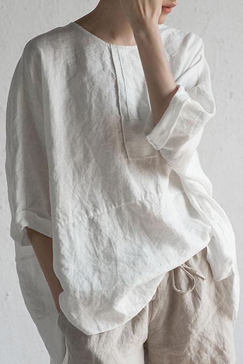 O Neck Slit Back Loose Linen Blouse