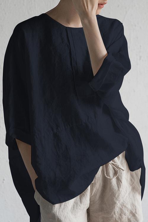O Neck Slit Back Loose Linen Blouse