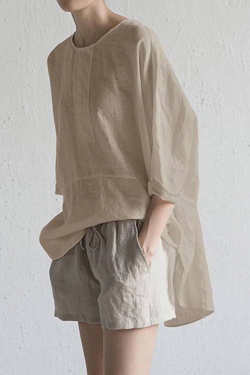 O Neck Slit Back Loose Linen Blouse