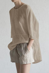 O Neck Slit Back Loose Linen Blouse