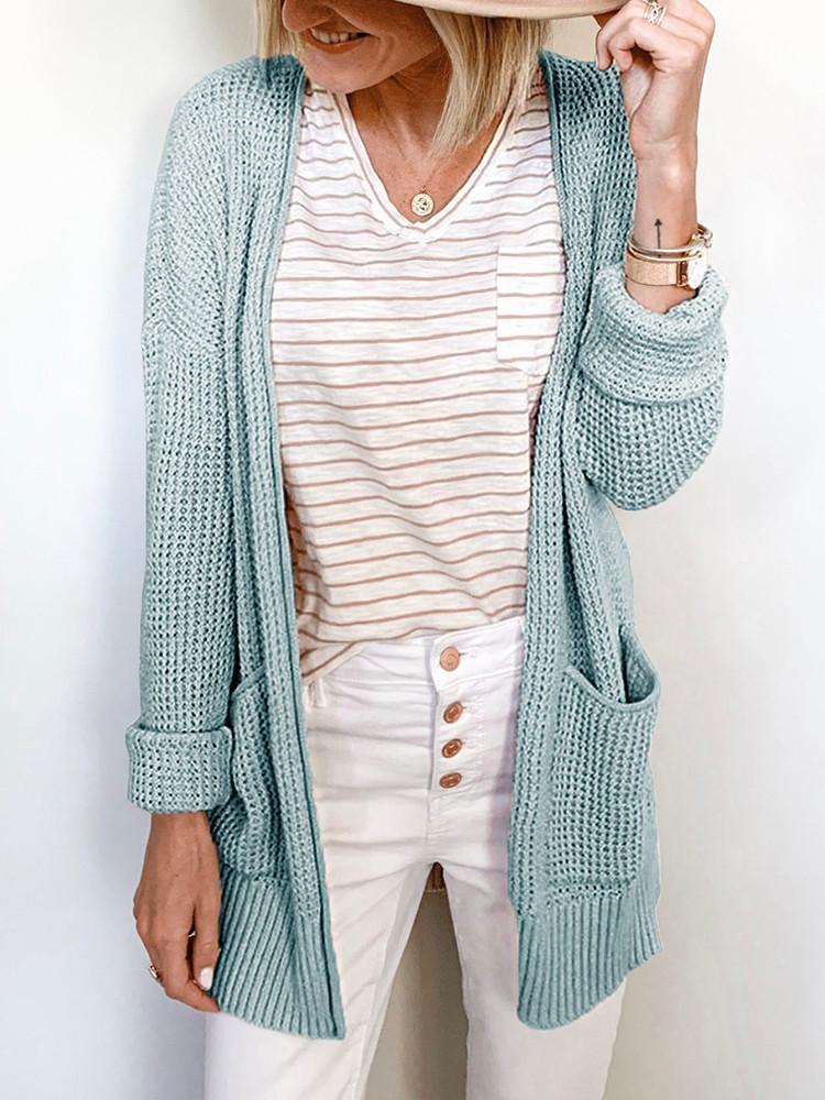 翻译0914 Solid Color Waffle Check Pocket Cardigan